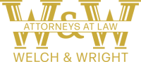 Gold-colored text logo for "WELCH & WRIGHT ATTORNEYS AT LAW" on a transparent background