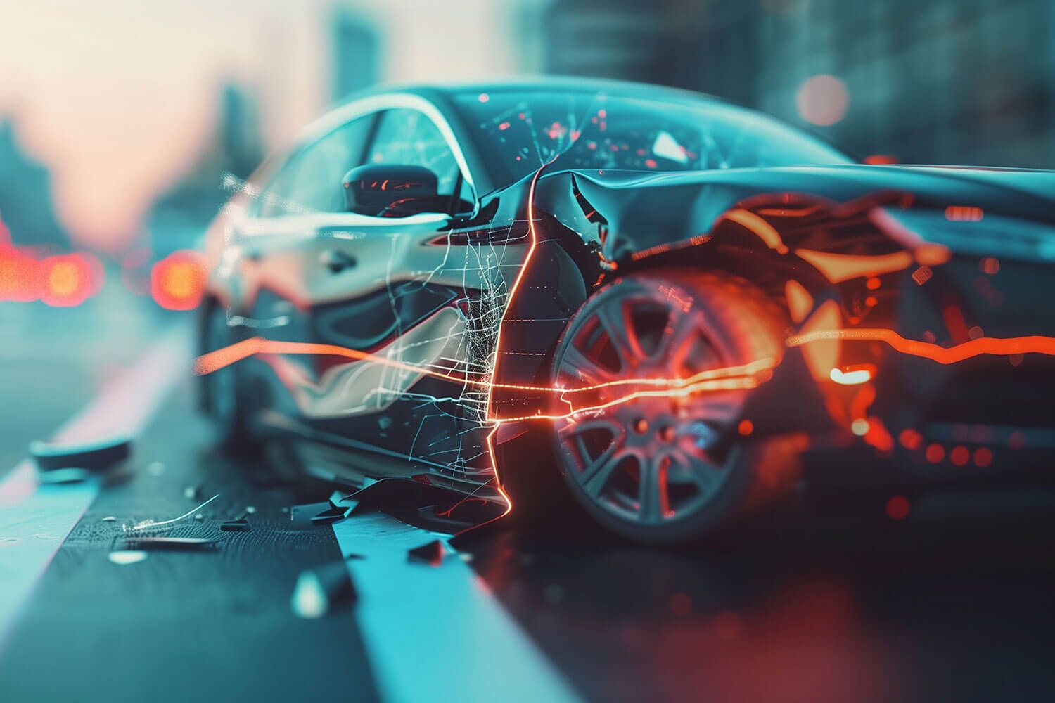 Stylized damaged car after a collision showing crushed front fender and neon red light trails.