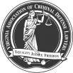 A circular seal has a central figure of Lady Justice holding scales and a sword, encircled by the text "Virginia Association of Criminal Defense Lawyers" and "Equality, Justice, Truth".