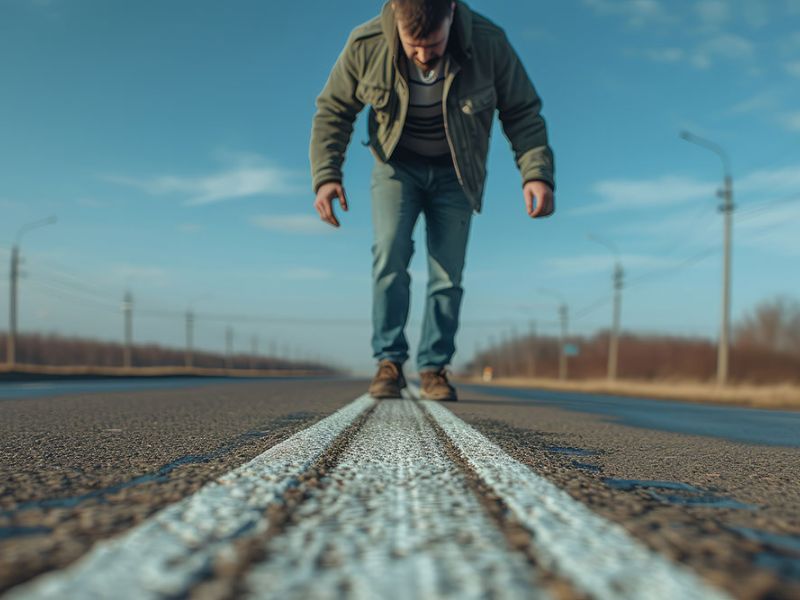 A person is walking along the road's white line, with a clear blue sky above and a row of streetlights alongside the road.