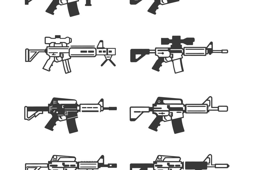 Six Black and White Illustrations of an AR-15 Style Rifle
