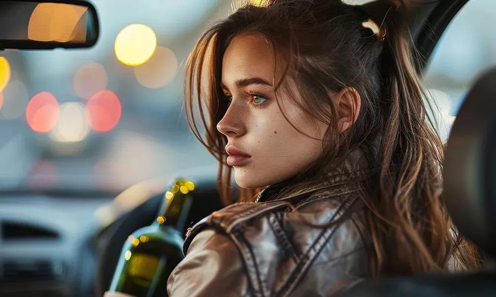 A woman gazes outside a car window, with soft-focus city lights in the background, creating a contemplative evening scene.