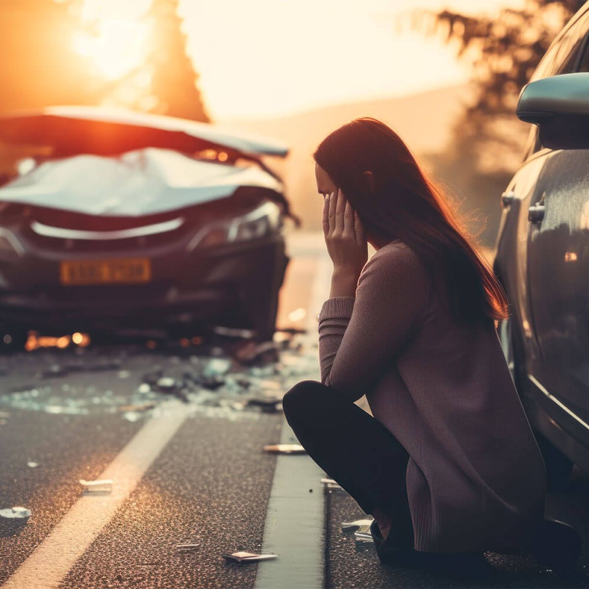 Woman upset after a car accident