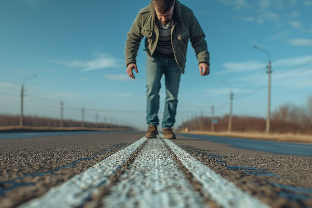 A person is walking along the road's white line, with a clear blue sky above and a row of streetlights alongside the road.